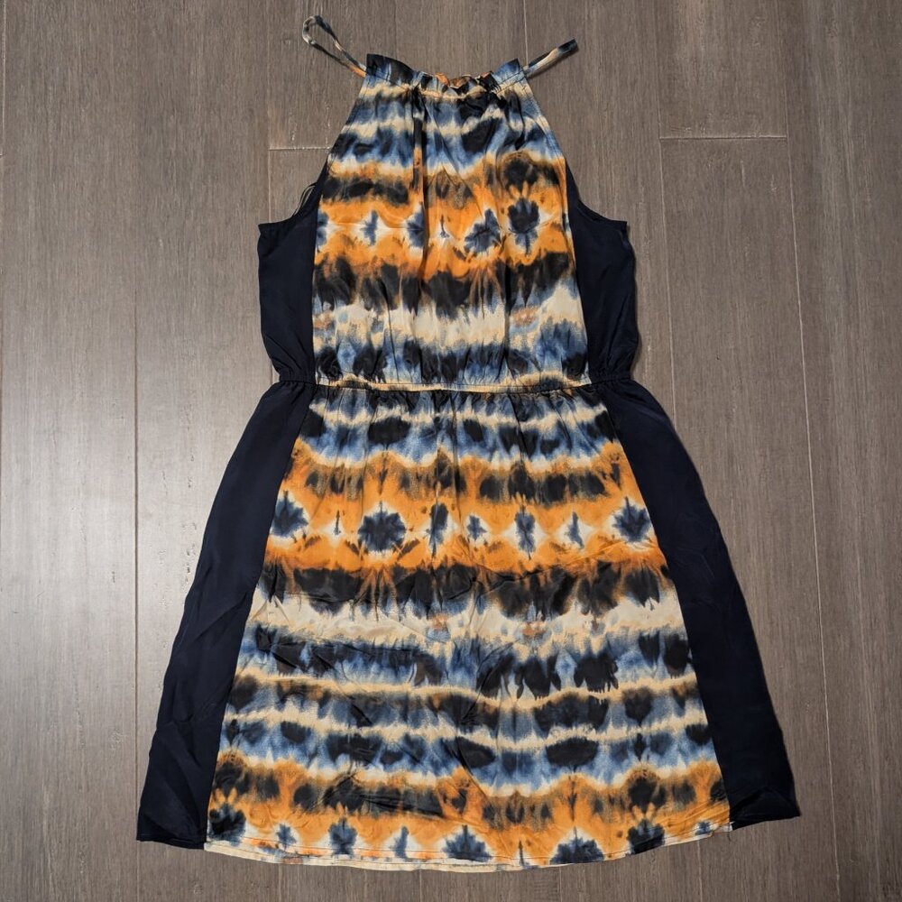 Romeo & Juliet Couture Halter Neck Mini Dress, Navy Blue Orange Tie-Dye, Size M